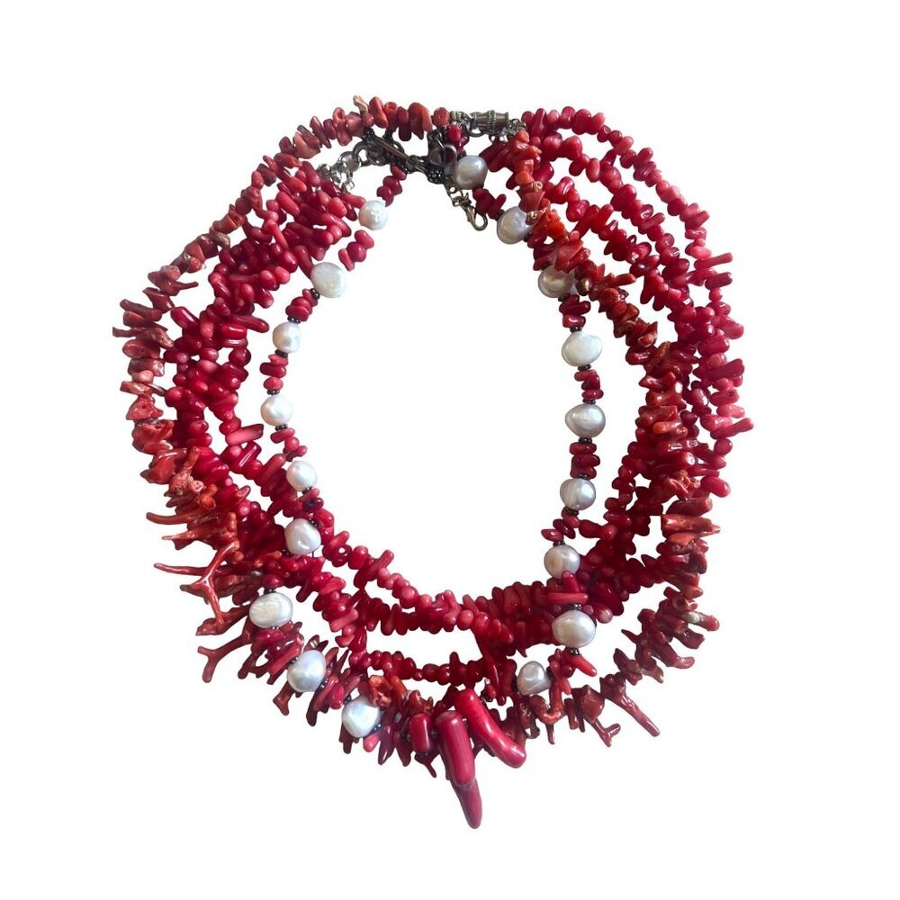 Stack of Coral Baroque Pearl Necklaces Vintage On Trend Style 16” 18”